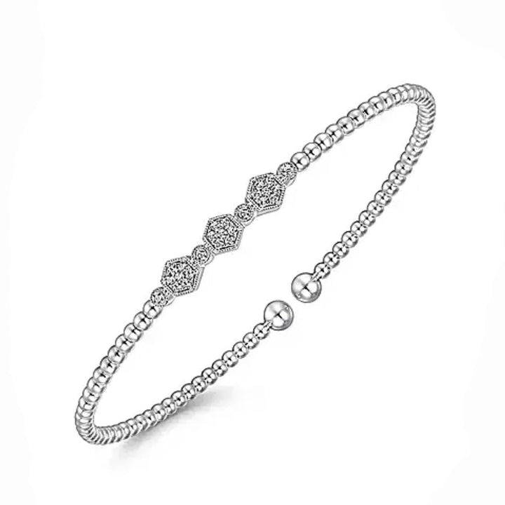 14K white gold Bujukan hexagon cluster diamond bangle bracelet with beaded design.