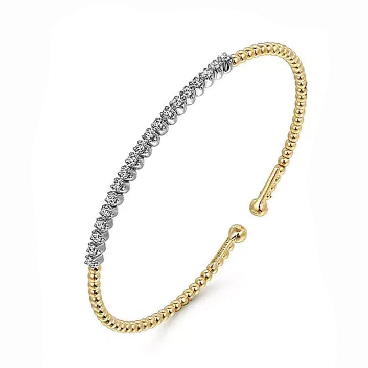 14K white-yellow gold Bujukan diamond cuff bracelet with beaded detailing.