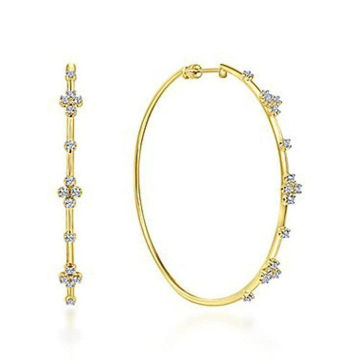 14K Yellow Gold 60mm Diamond Hoop Earrings with floral accents.