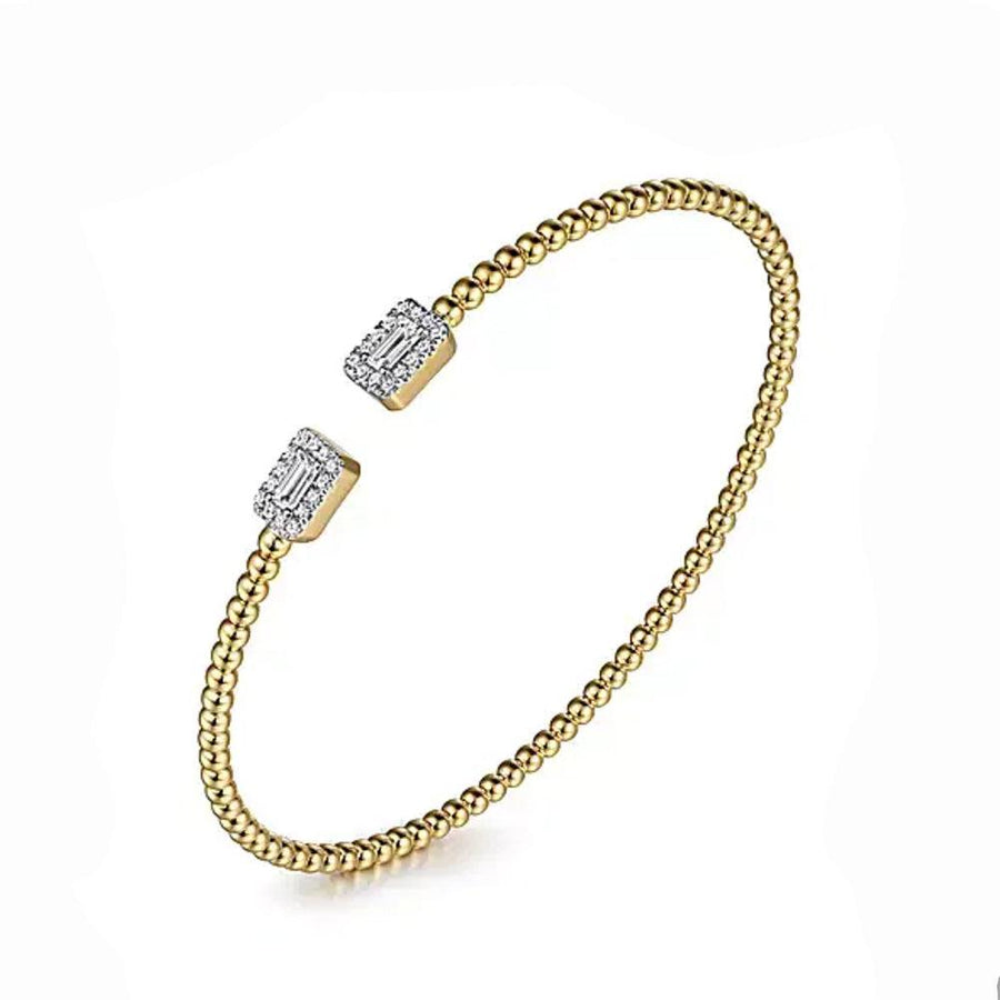 14K Yellow Gold Bujukan Open Cuff Bracelet featuring baguette diamond accents.