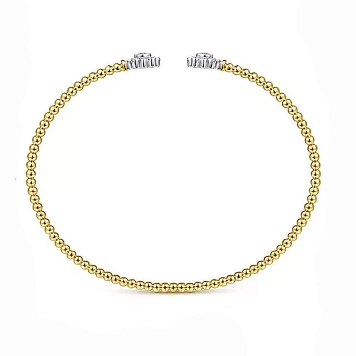 14K gold beaded split cuff bracelet adorned with diamond floral accents.