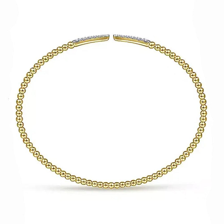 14K gold beaded cuff bracelet featuring diamond pave accents.