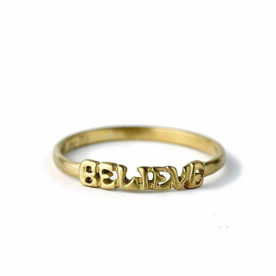 18k yellow gold Believe ring, inspirational statement jewelry.