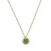 18k yellow gold necklace featuring a vibrant emerald gemstone in a delicate sunflower design.