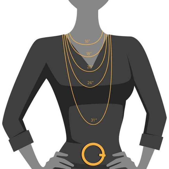14k yellow gold chain length guide: 16", 18", 20", 24", 31" options shown on a model.
