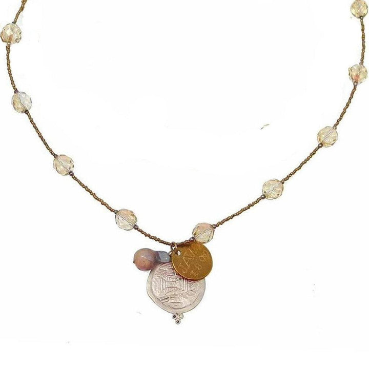 60" Vintage Citrine Spacer Necklace with gold and silver charms