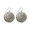 Alcazar silver coin hook earrings with ornate detailing.