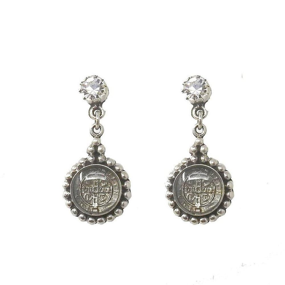 Silver drop earrings featuring clear crystal accents and antique coin detail.