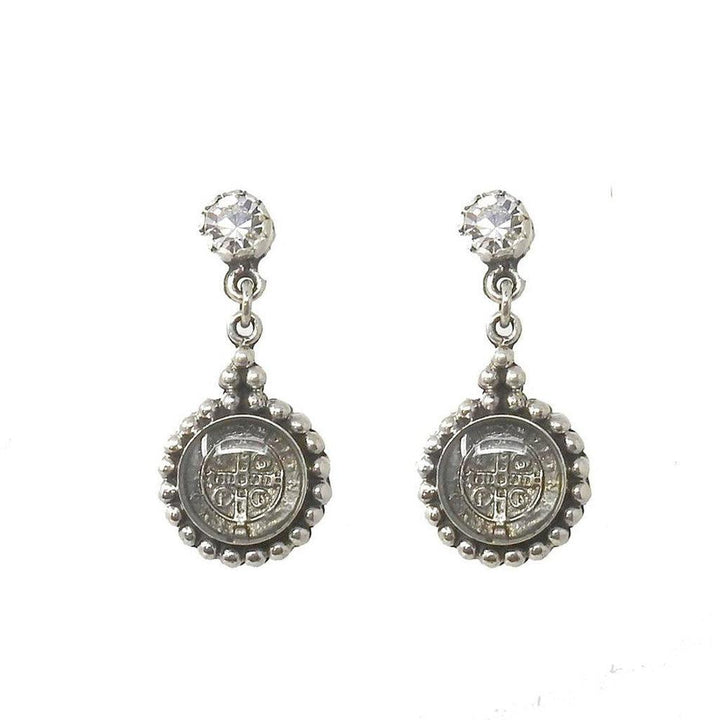 Silver drop earrings featuring clear crystal accents and antique coin detail.