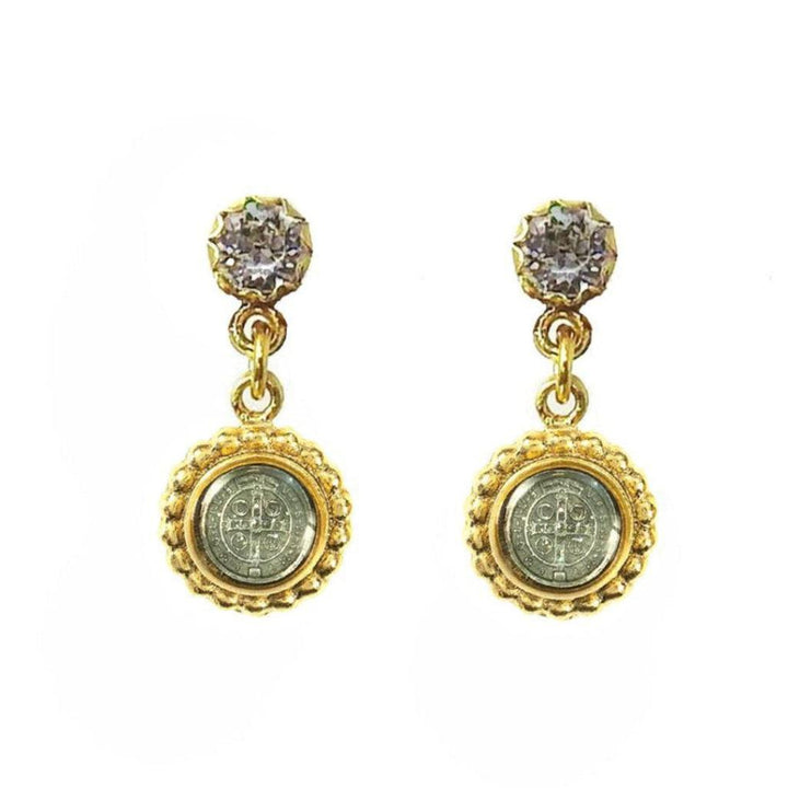 Alejandra gold-tone drop earrings featuring St. Christopher medallions and clear cubic zirconia accents.