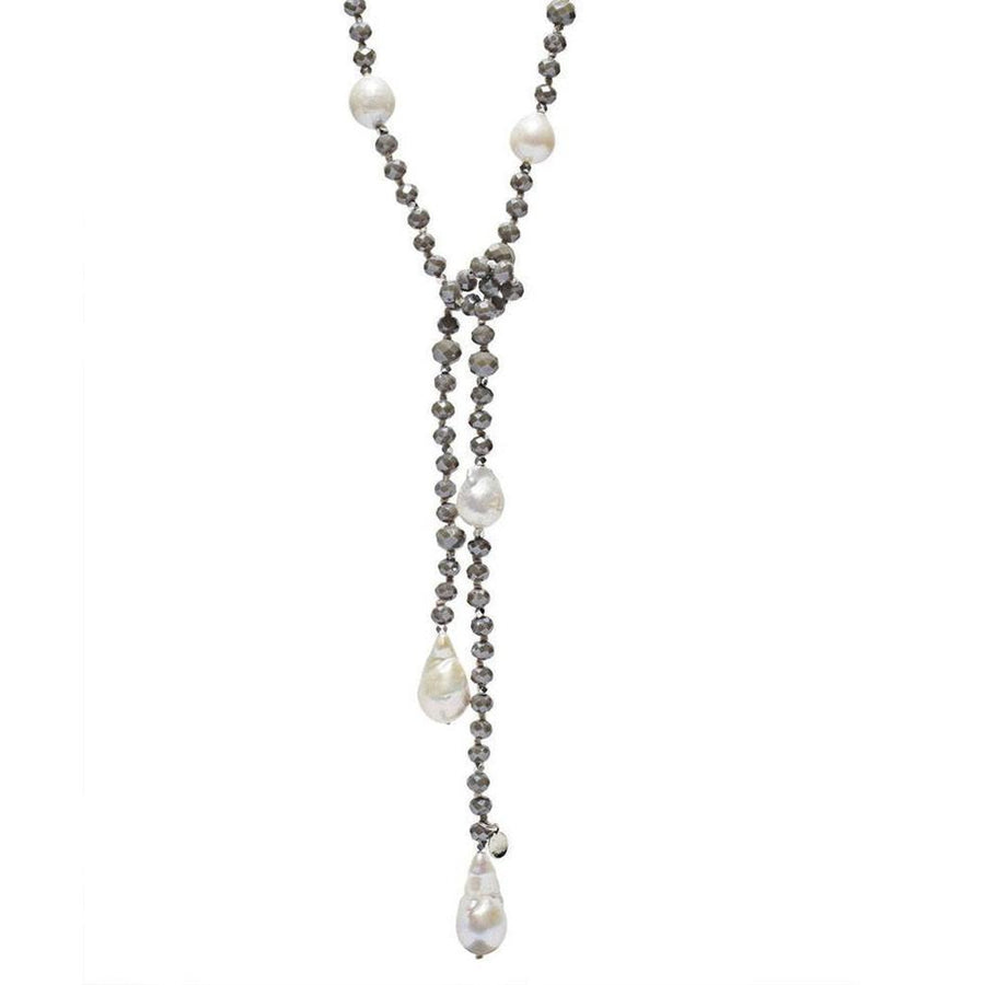 Alice Crystal Lariat necklace: Gray crystal beads & baroque pearls, elegant long design.