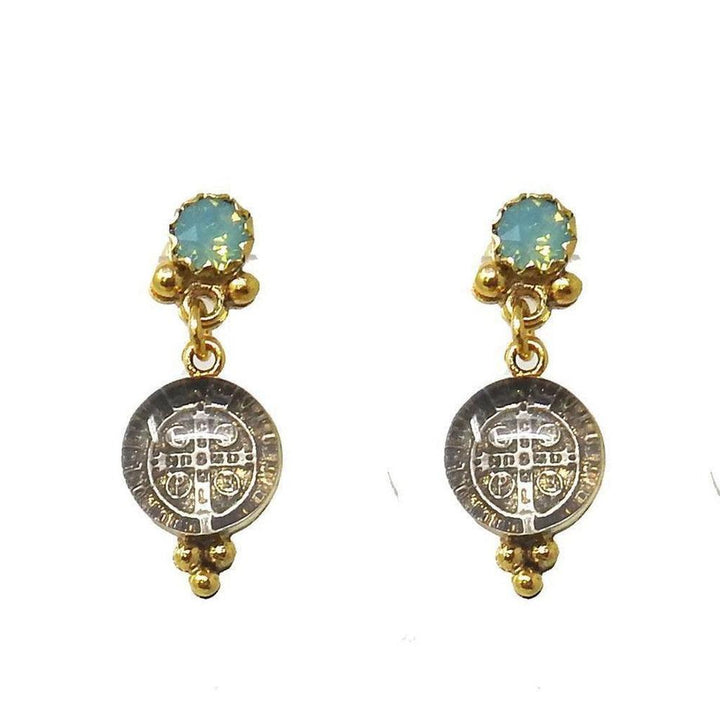 Elegant drop earrings featuring pale green opal accents and antique coin-inspired charms.