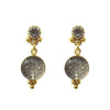 Gold drop earrings featuring clear glass medallions with silver-toned religious charms and clear cubic zirconia accents.