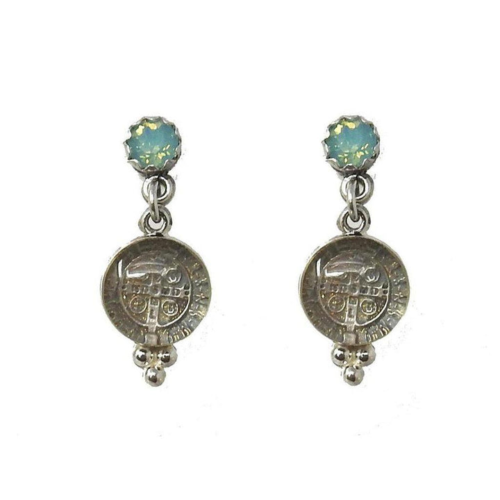 Silver earrings featuring pale green opal accents and antique coin-inspired detailing.