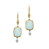 Amazonite gold drop earrings with cushion-cut gemstones and diamond accents.