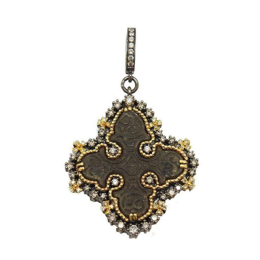 Ancient Kievan Russian Cross pendant: dark stone, gold & diamond accents