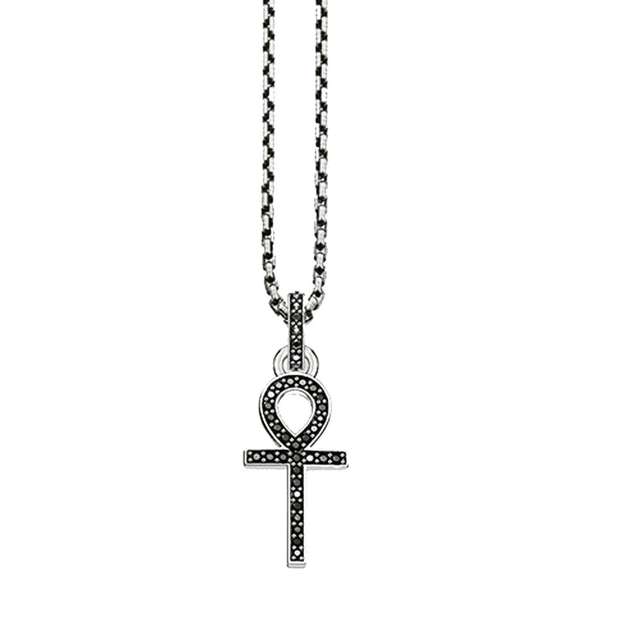 Black diamond Ankh cross pendant necklace, silver chain.