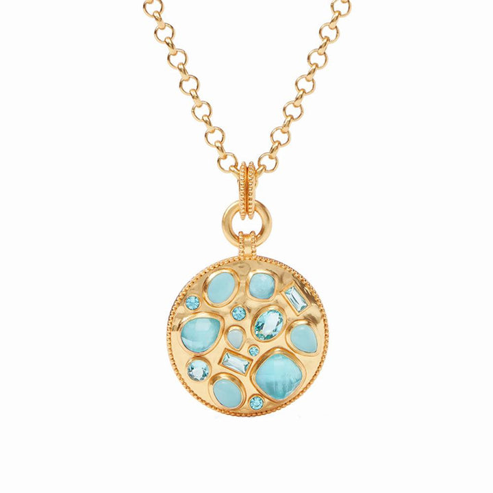 Antonia Mosaic Pendant: Gold necklace with round blue gemstone mosaic pendant.