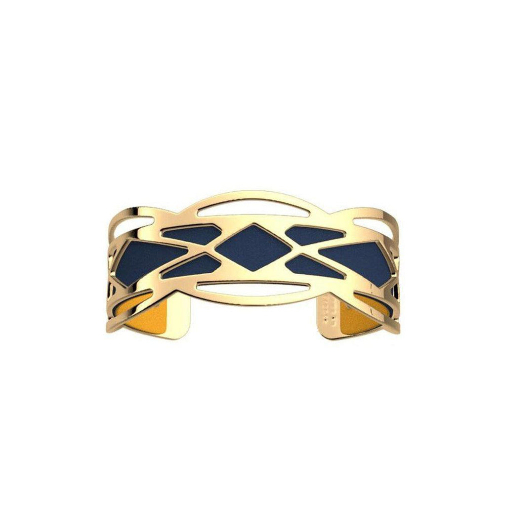 Gold cuff bracelet with navy blue leather inlay and geometric design.