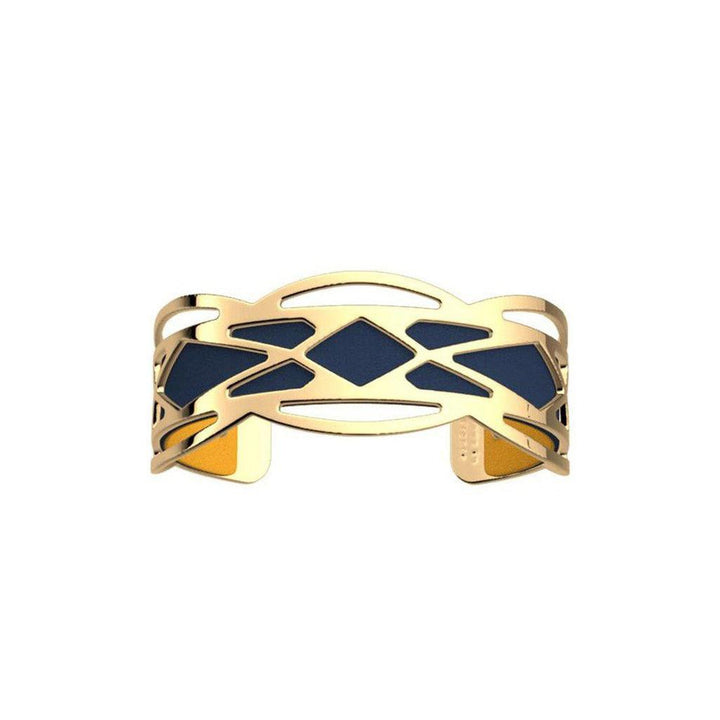Gold cuff bracelet with navy blue leather inlay and geometric design.