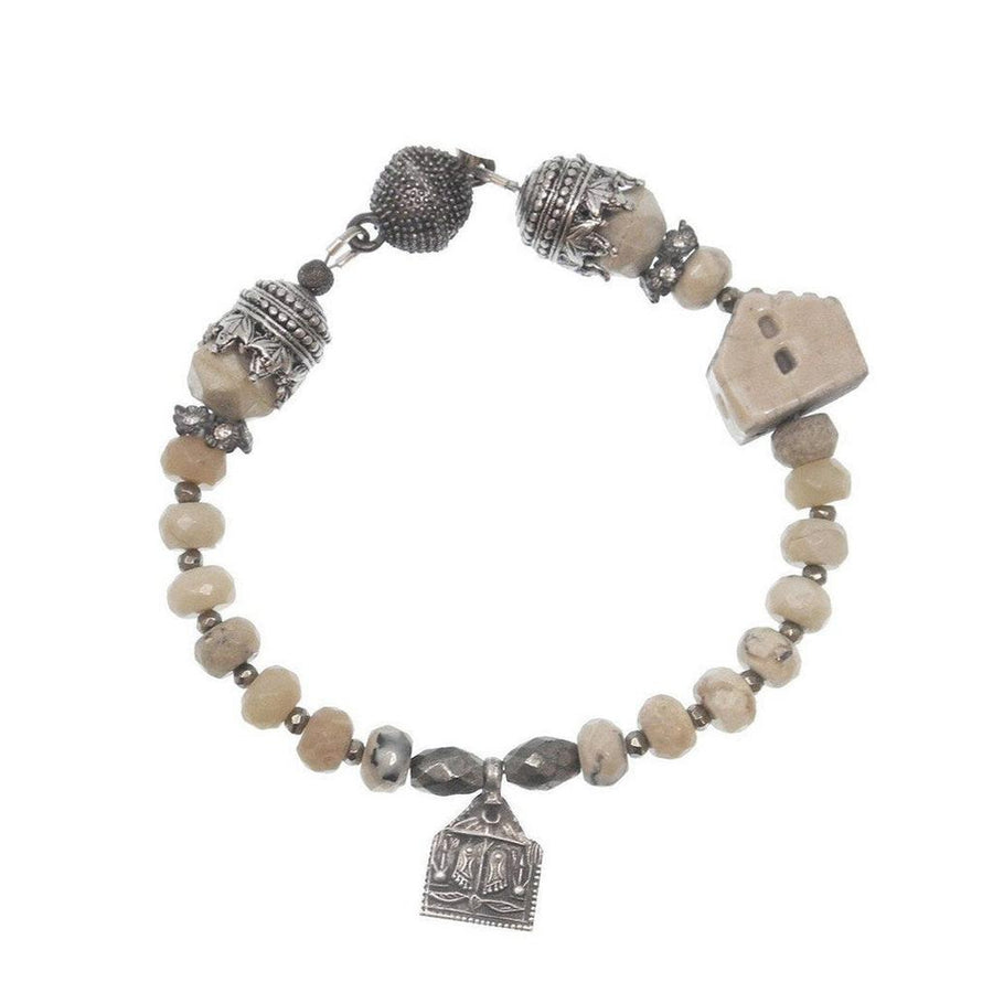 Artisan Cottage & Buddha Feet Charm Bracelet: Beige stone beads, silver accents, cottage & Buddha charms.