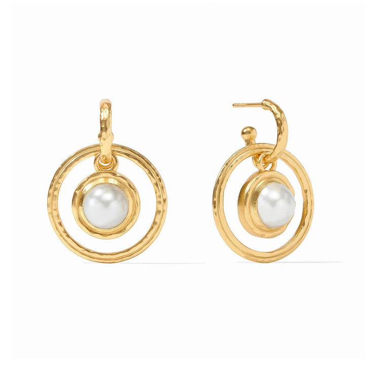 Gold hoop earrings featuring a central pearl, encircled by textured rings.