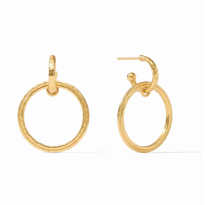 Gold hammered-finish circle earrings; double-hoop design.