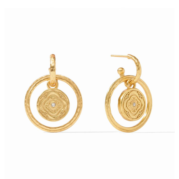 Gold hoop earrings with textured circles and ornate detailing, featuring a central stone.