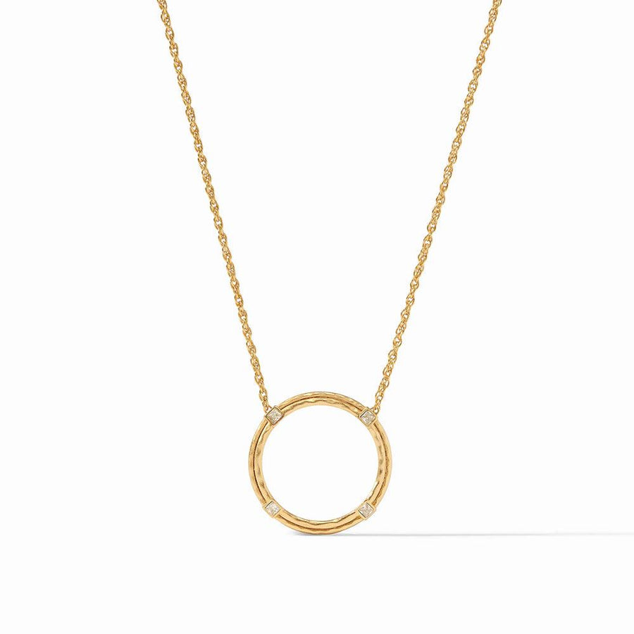 Astor Delicate Necklace: 18k gold chain, hammered circle pendant with four tiny diamonds.