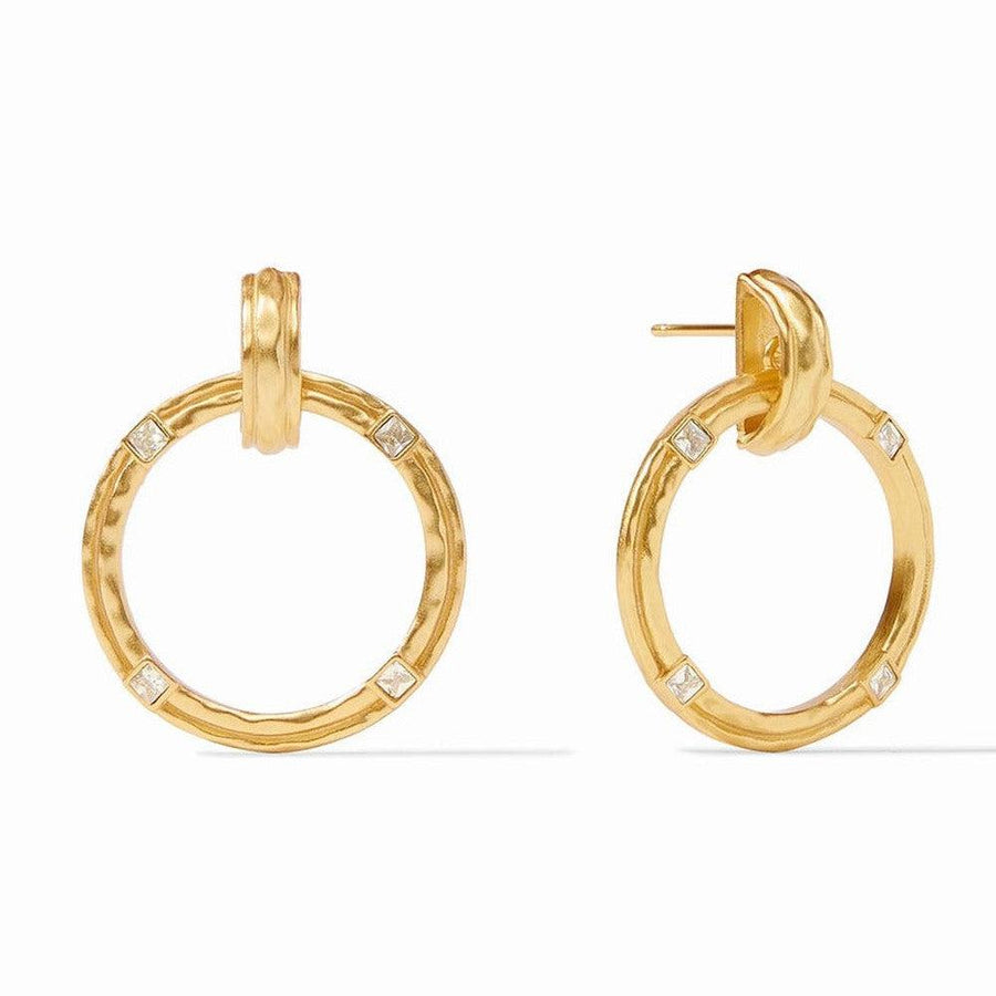 Astor Doorknocker Earrings: Gold-tone hammered metal hoop earrings with clear cubic zirconia accents.