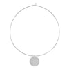 Silver wire choker necklace with a circular pendant featuring a small accent stone.