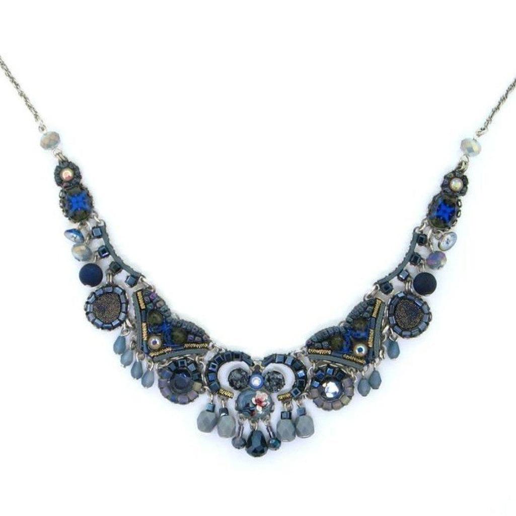 Autumn Skys necklace: Statement beaded necklace in blues and grays with silver accents.