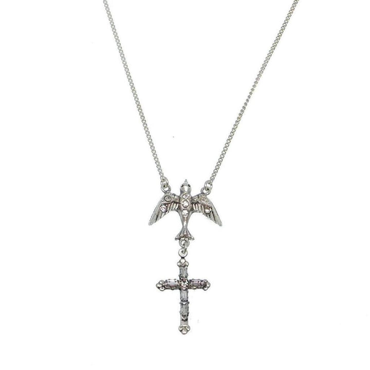 Ava Cruz Dove & Cross Necklace: Silver chain, jeweled bird & cross pendant.