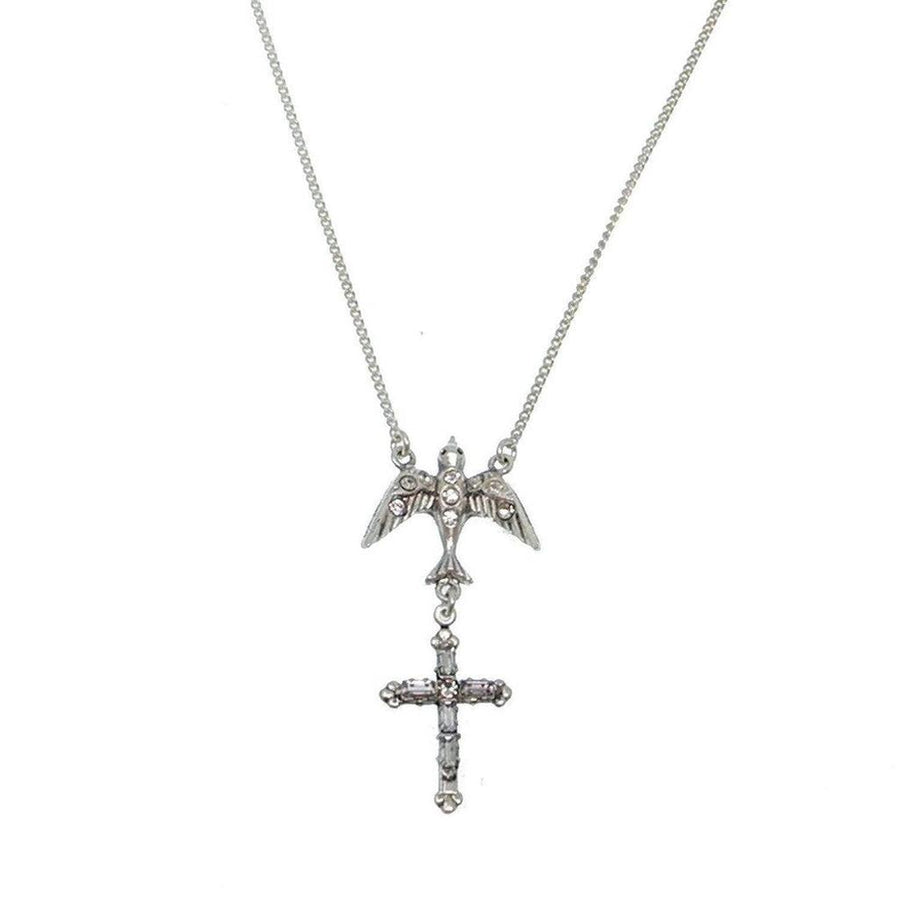 Ava Cruz Dove & Cross Necklace: Silver chain, jeweled bird & cross pendant.