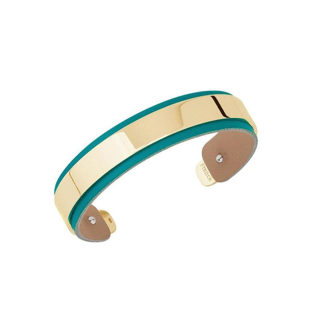 Teal leather and gold cuff bracelet, 14mm wide.