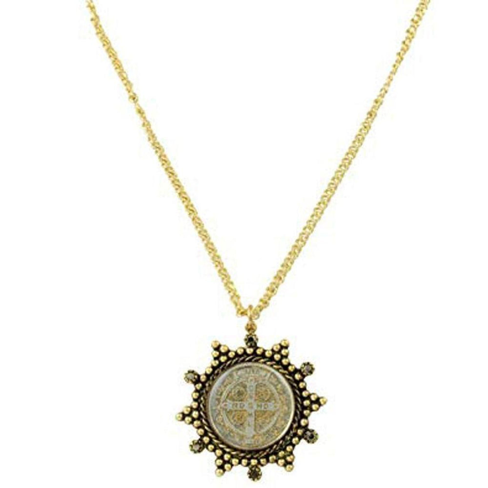 Gold chain necklace with antique-style medal pendant.
