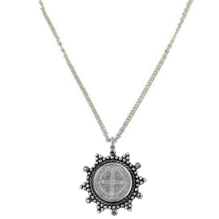Barbara San Benito necklace, silver chain, sunburst pendant with antique medal charm.