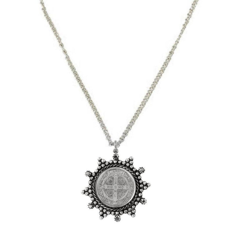 Barbara San Benito necklace, silver chain, sunburst pendant with antique medal charm.