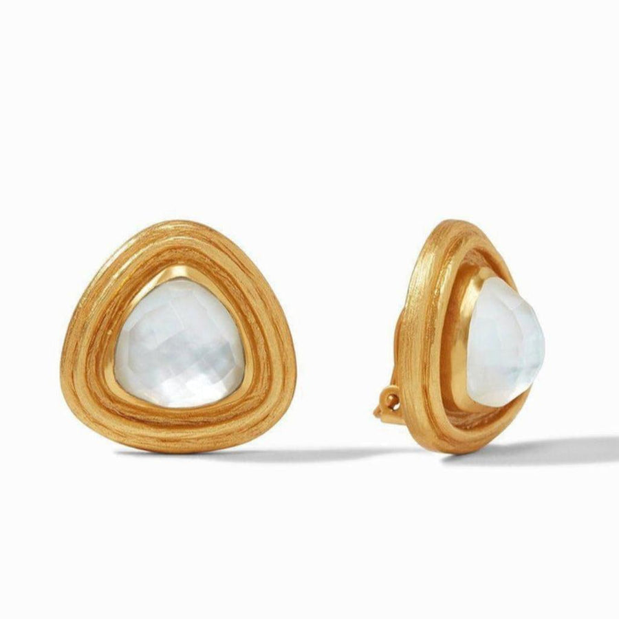 Gold Barcelona clip-on earrings with triangular opal accents.