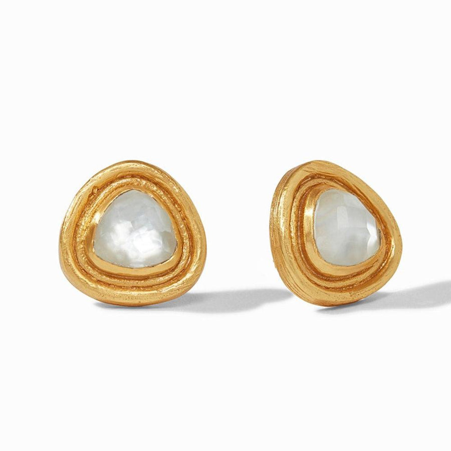 Barcelona Stud Earrings: Gold-tone, triangular studs featuring a mother-of-pearl inlay.