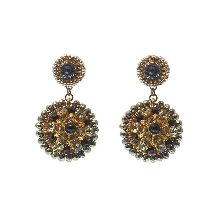 Beaded drop post earrings with black and gold accents.