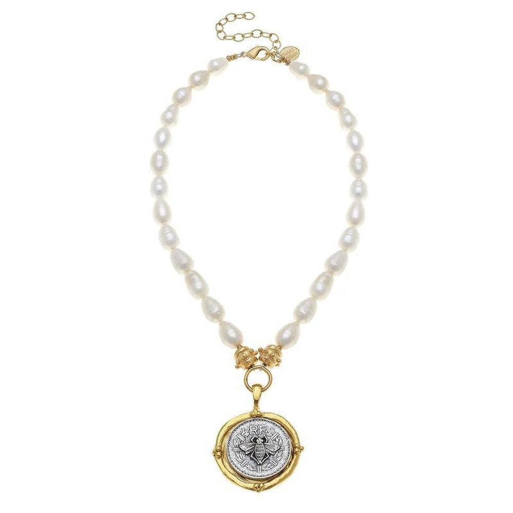 Bee Coin Pendant Necklace on Pearls-Susan Shaw-Swag Designer Jewelry