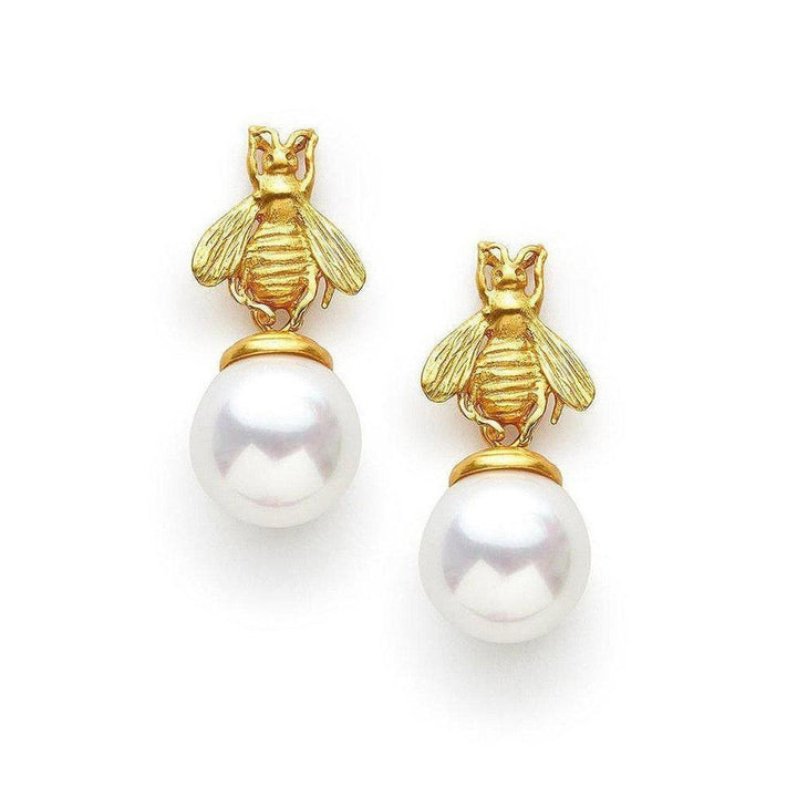 Gold bee charm pearl drop earrings