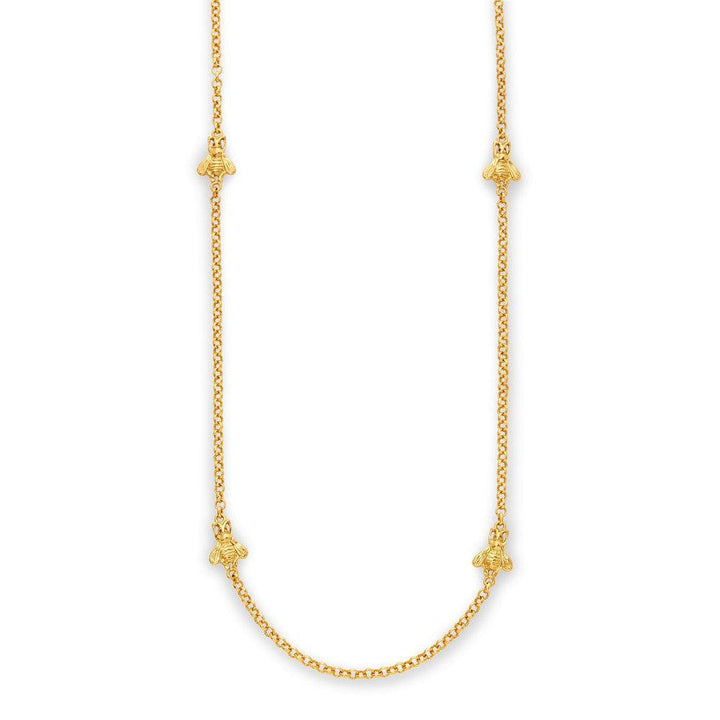 Gold Bee Station Necklace with four detailed bee charms.