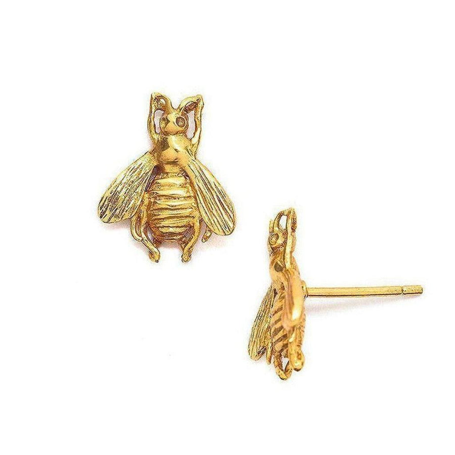 Gold bee stud earrings; detailed bee design.