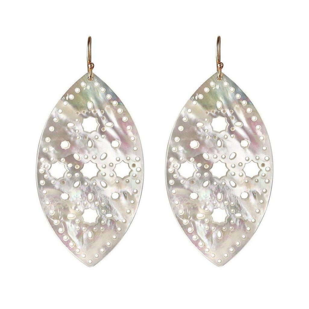 Behati iridescent mother-of-pearl teardrop earrings with intricate laser-cut detailing.