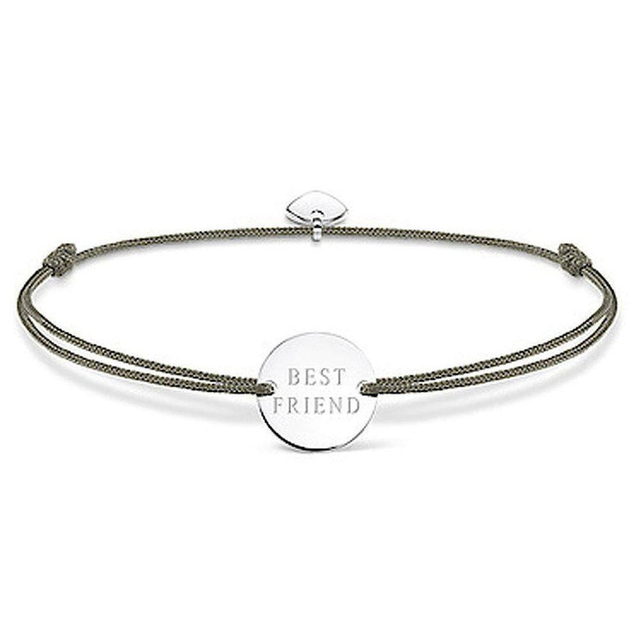 Silver disc bracelet with "Best Friend" inscription, on olive green cord.