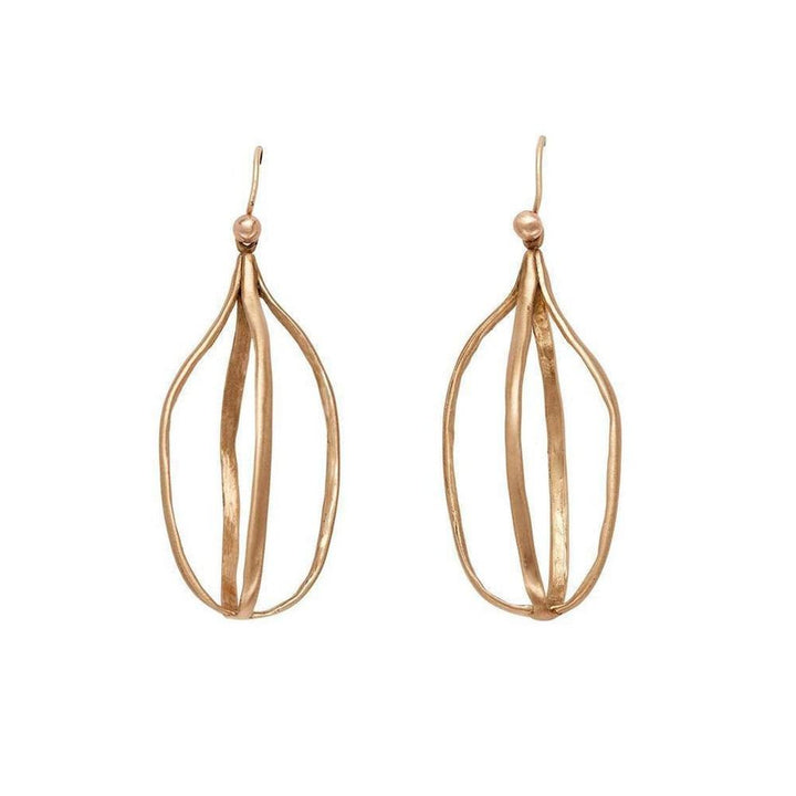 Rose gold birdcage drop earrings with a unique, organic design.