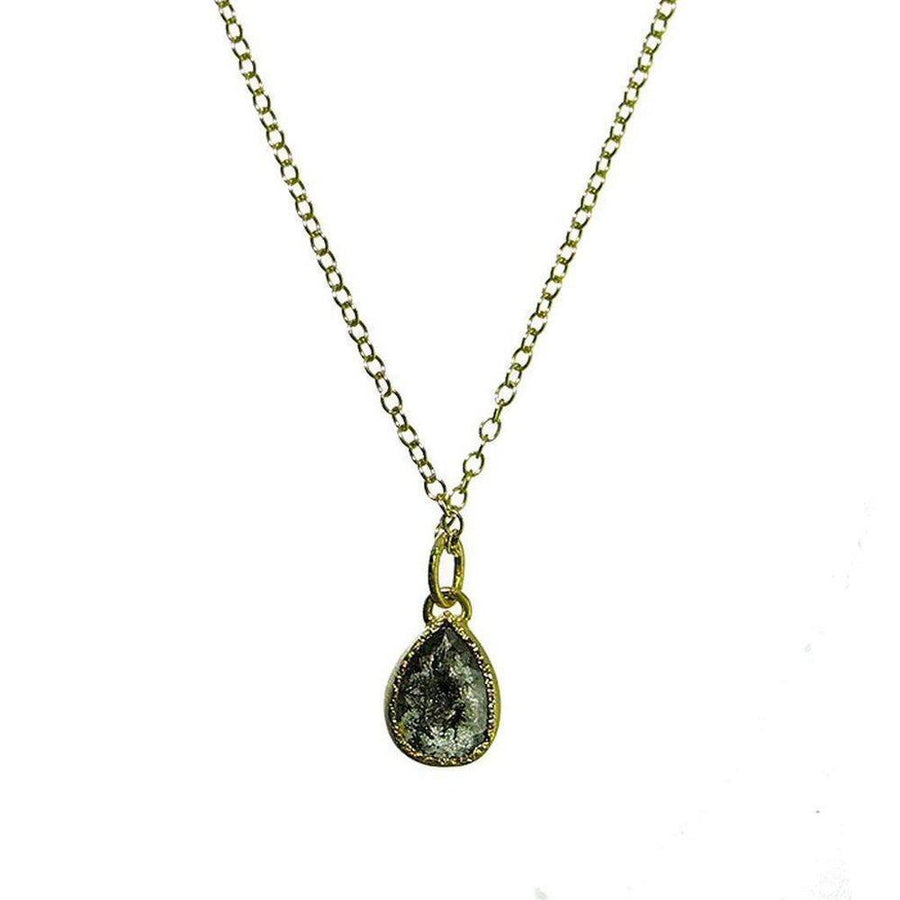 18k gold necklace featuring a pear-shaped black diamond pendant.
