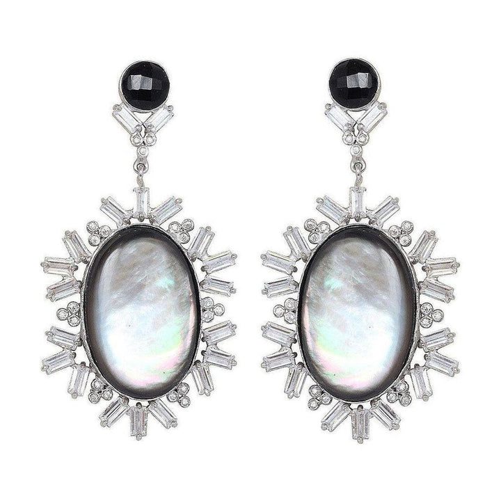 Elegant black onyx and mother-of-pearl earrings with baguette-cut cubic zirconia accents.